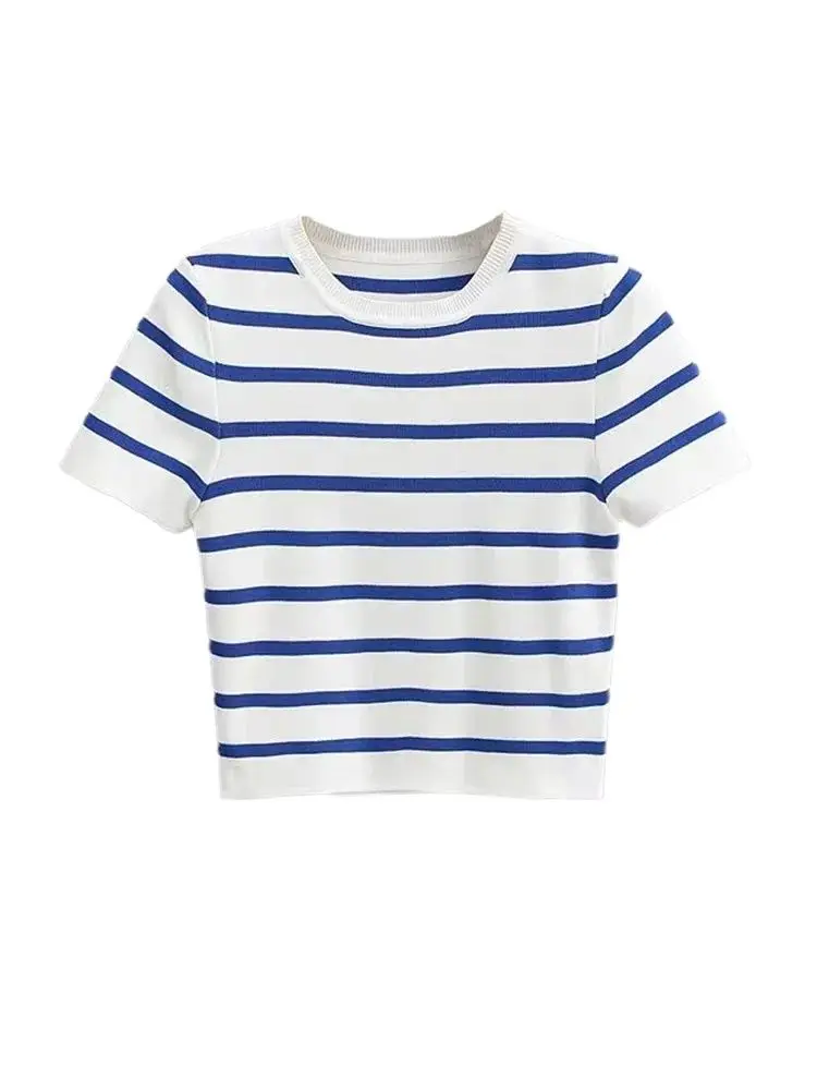 Women Fashion Striped Basic Cropped Knit Sweater Vintage O Neck Short Sleeve Female Pullovers Chic Tops - Image 3