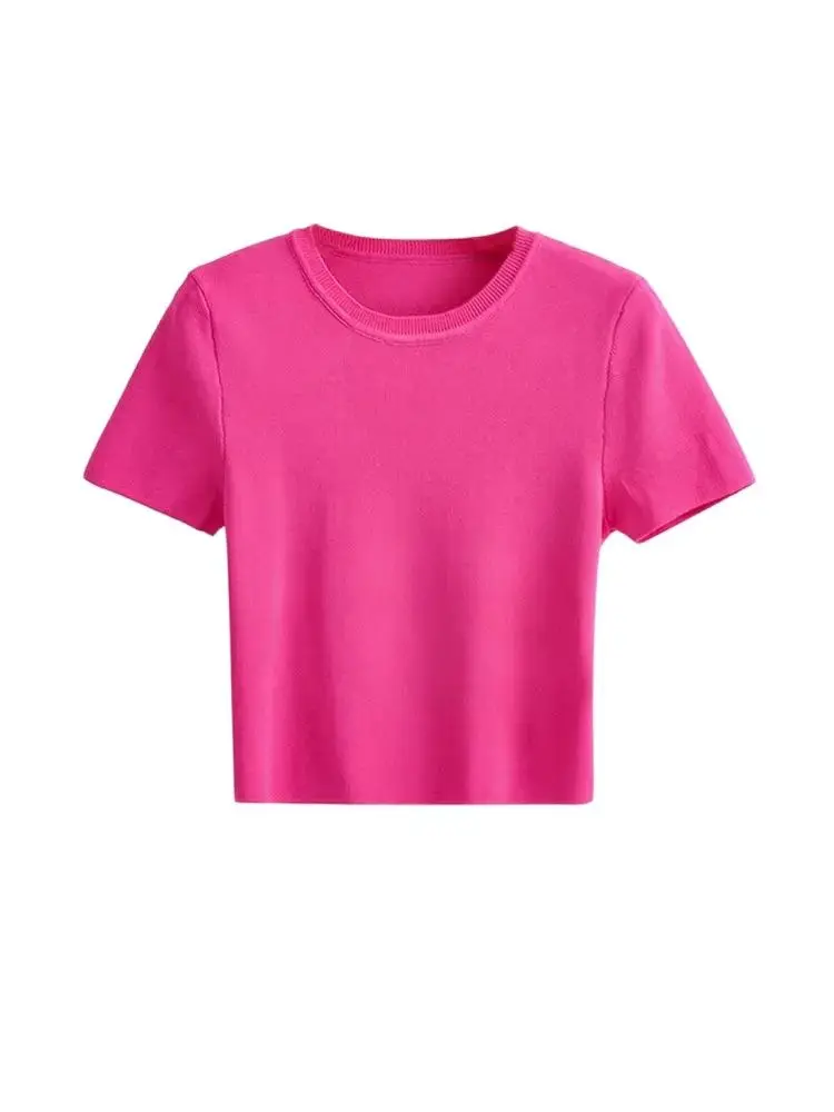 Women Fashion Striped Basic Cropped Knit Sweater Vintage O Neck Short Sleeve Female Pullovers Chic Tops - Image 6