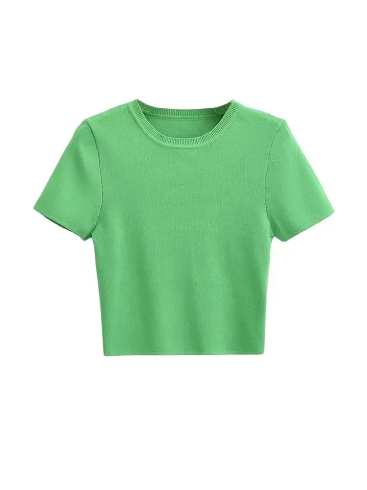 Women Fashion Striped Basic Cropped Knit Sweater Vintage O Neck Short Sleeve Female Pullovers Chic Tops - Image 4