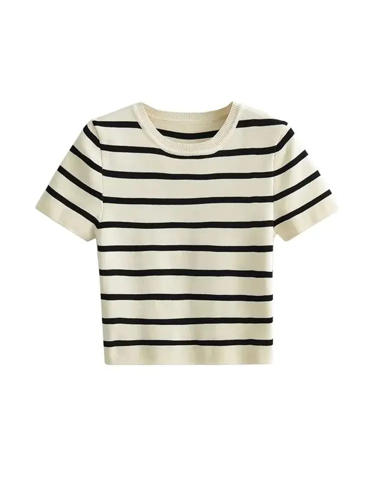 Women Fashion Striped Basic Cropped Knit Sweater Vintage O Neck Short Sleeve Female Pullovers Chic Tops