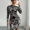 Women HighNeck Long Sleeve Black Baroque Print Glitter Bodycon Mini Dress Glam Club Dress Summer Sexy Party Night Out Slim Dress
