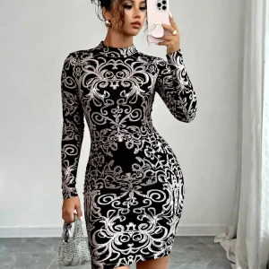 Women HighNeck Long Sleeve Black Baroque Print Glitter Bodycon Mini Dress Glam Club Dress Summer Sexy Party Night Out Slim Dress