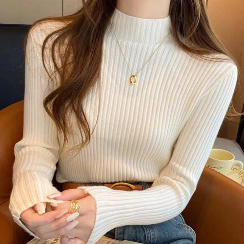Women Long Sleeved Turtleneck Sweater Harajuku Pullover Women Knit Sweater Slim Elastic Korean Simple Basic Jumper Solid Tops - Image 2