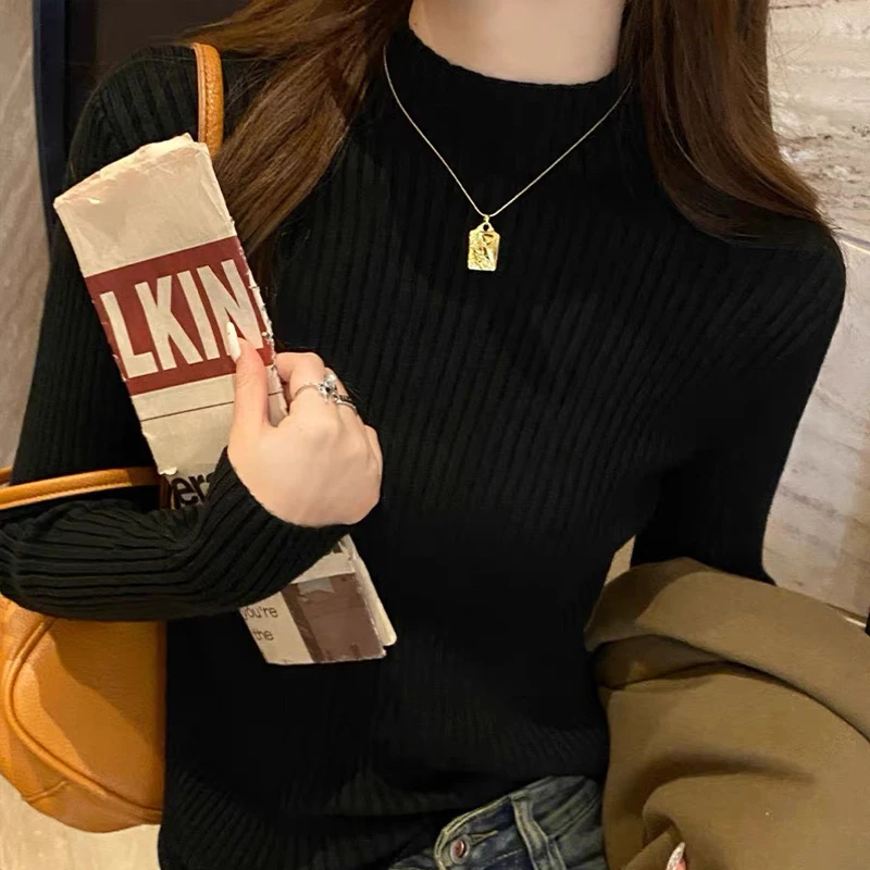 Women Long Sleeved Turtleneck Sweater Harajuku Pullover Women Knit Sweater Slim Elastic Korean Simple Basic Jumper Solid Tops - Image 3