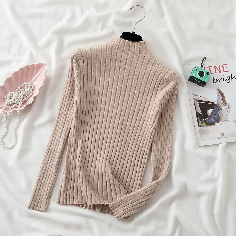 Women Pullover Ribbed Knitted Sweater Autumn Winter Pullovers Turtleneck Long Sleeve Slim Basic Solid Female Sweaters Tops - Image 3