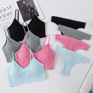 Women Seamless Bra Panties Set Push-Up Non-wire Bralette Low-Rise Briefs Sexy Lingerie Female Comfort Rib Sports Underwear Set