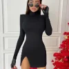 Women Spring Autumn Long Sleeve Bodycon Soild Color Black Slim Package Hip Mini Dress 2022 Female Clothing Streetwear
