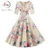 Women flower print Autumn dress Casual Winter half sleeve Elegant Vintage dress Robe femme pinup office party vestidos