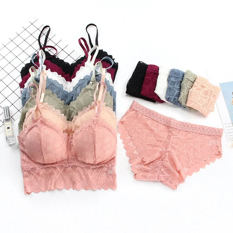 Women's Bra Set Sexy Beauty Back Tops Lace Push-up Bras and Panty Sets Wire Free Lingerie Solid Padded Intimates Underwear - Image 2