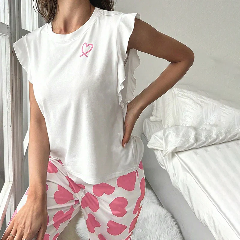 Womens Heart Print Pajama Set Autumn Short Sleeve Top & Pants Sleepwear 2 Piece Soft Comfortable Home Clothes Pyjama Lounge Suit - Image 4