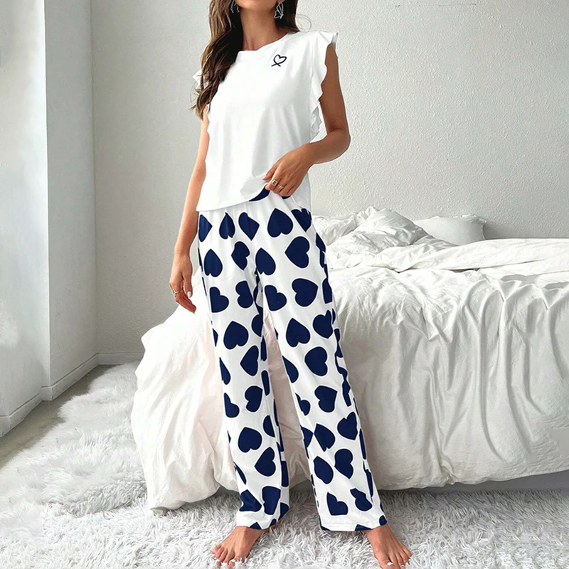 Womens Heart Print Pajama Set Autumn Short Sleeve Top & Pants Sleepwear 2 Piece Soft Comfortable Home Clothes Pyjama Lounge Suit - Image 3