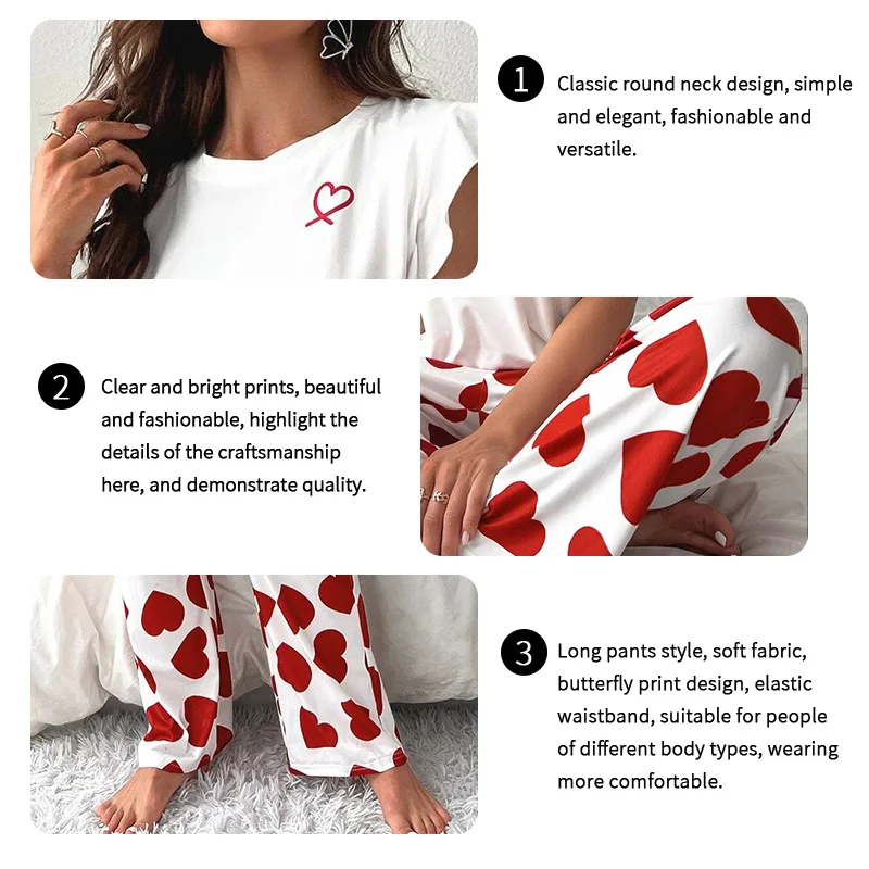 Womens Heart Print Pajama Set Autumn Short Sleeve Top & Pants Sleepwear 2 Piece Soft Comfortable Home Clothes Pyjama Lounge Suit - Image 5
