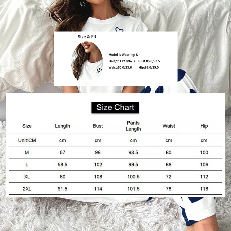 Womens Heart Print Pajama Set Autumn Short Sleeve Top & Pants Sleepwear 2 Piece Soft Comfortable Home Clothes Pyjama Lounge Suit - Image 6