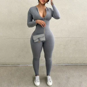 Women's Jumpsuits Autumn New Long Sleeve Bodycon Fashion Zippers Sexy Grey Rompers Casual Streetwear Fitness Sports Yoga Overall