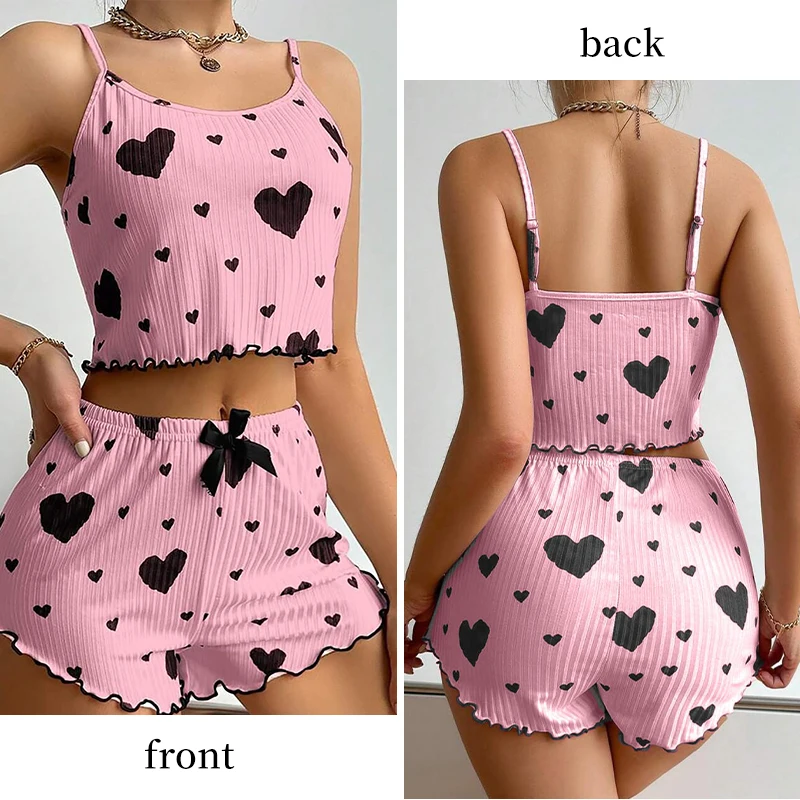 Women's Pajamas Set Sleepwear 2 PCS Short Tank Tops And Shorts S M L White Ventilate Soft Casual Love Printing - Image 5