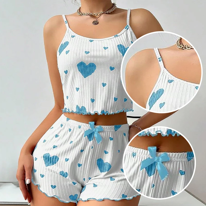 Women's Pajamas Set Sleepwear 2 PCS Short Tank Tops And Shorts S M L White Ventilate Soft Casual Love Printing - Image 6
