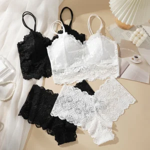 Women's Sexy Lace Bra Suit Solid Set Beautiful Back Hollow Out No Steel Ring Underwear With Lace Flower Breathable Panties