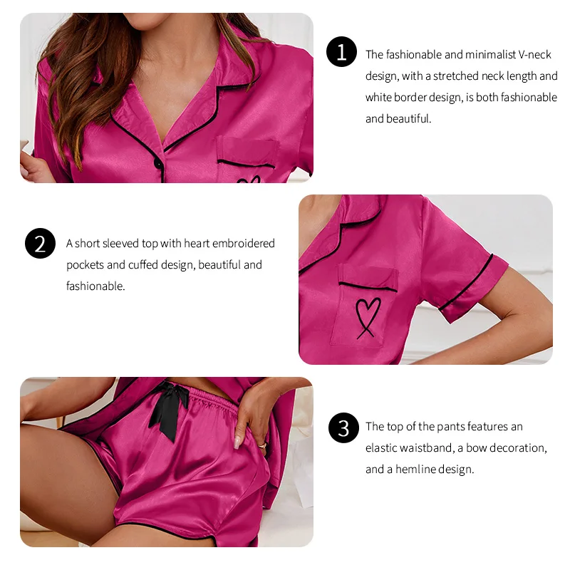 Women's Sleepwear Turn-down Collar Button Up Top And Shorts Pajamas Set Comfortable Satin Solid Pijamas Loungewear Lounge Set - Image 4