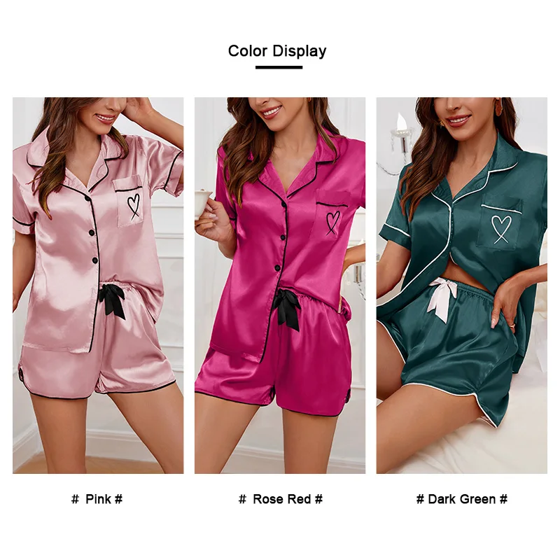 Women's Sleepwear Turn-down Collar Button Up Top And Shorts Pajamas Set Comfortable Satin Solid Pijamas Loungewear Lounge Set - Image 5