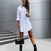 Women's Solid Color Button Front Shirt Dress - Casual Long Sleeve Lapel Dress for Spring & Fall
