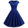 Women's Summer Dresses Vintage Elegant V Neck Solid Color Vestido A-Line Pinup Business Party Office Women Flare Blue Dress
