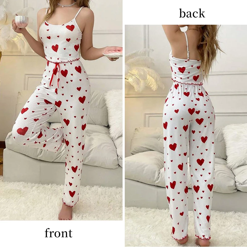Women's Two-Piece Ice Silk Ribbed Sexy Printed Vest and Bow Decoration Long Pants Home Casual Women's Sleepwear Set - Image 2