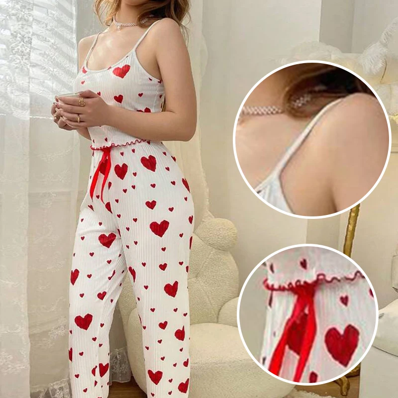 Women's Two-Piece Ice Silk Ribbed Sexy Printed Vest and Bow Decoration Long Pants Home Casual Women's Sleepwear Set - Image 3