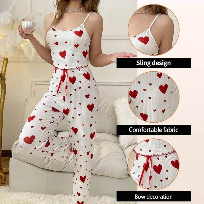 Women's Two-Piece Ice Silk Ribbed Sexy Printed Vest and Bow Decoration Long Pants Home Casual Women's Sleepwear Set - Image 5