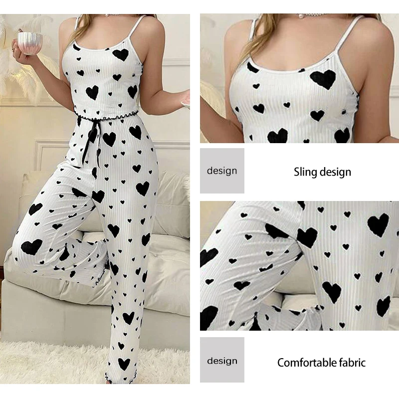 Women's Two-Piece Ice Silk Ribbed Sexy Printed Vest and Bow Decoration Long Pants Home Casual Women's Sleepwear Set - Image 6
