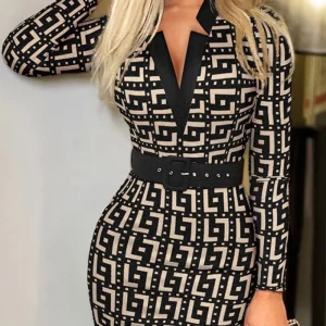 Women's V-neck Geometric Print Slim-fit Long Dress with Belt Design, Suitable for Daily Commute, Parties and Weddings