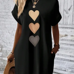 Women's three heart-shaped printed pocket dress, casual round neck short sleeved dress for spring and summer women's wear
