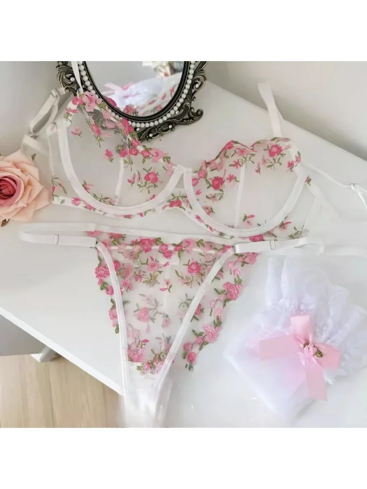YUQI French Style Luxury Lingerie-Floral Embroidery Black Sheer Bra Set, Sensual Women's Intimates Elegant Transparent Underwear - Image 2