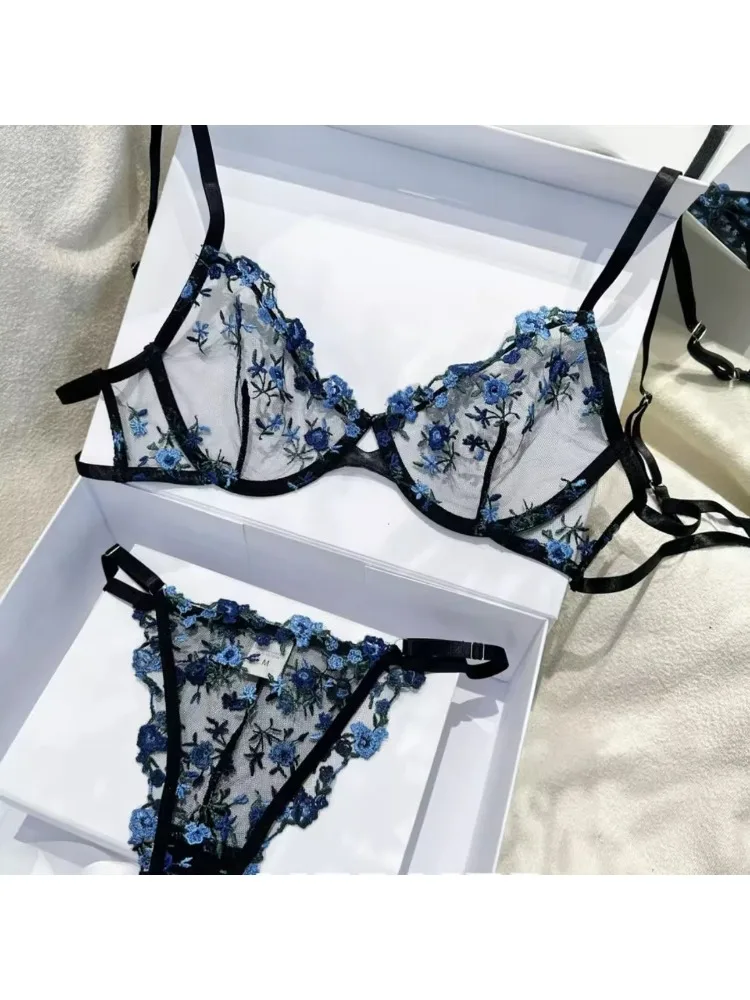 YUQI French Style Luxury Lingerie-Floral Embroidery Black Sheer Bra Set, Sensual Women's Intimates Elegant Transparent Underwear - Image 4