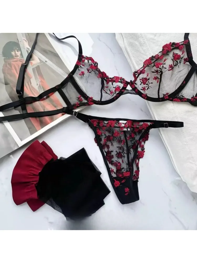 YUQI French Style Luxury Lingerie-Floral Embroidery Black Sheer Bra Set, Sensual Women's Intimates Elegant Transparent Underwear - Image 5