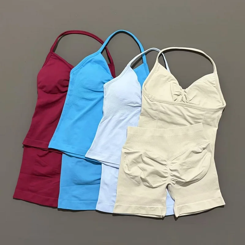 Yoga 2 Pieces Gym Set Women Backless Halter Tops High Waist Seamless Shorts Gym Suit Fitness Sports Bras Sportswear Workout Sets - Image 2