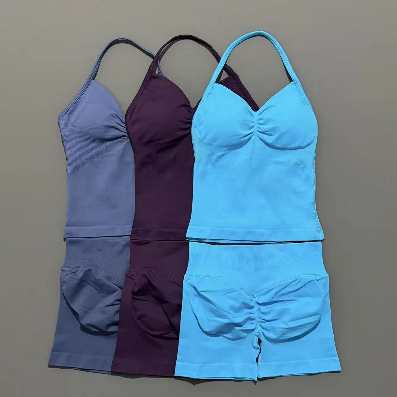 Yoga 2 Pieces Gym Set Women Backless Halter Tops High Waist Seamless Shorts Gym Suit Fitness Sports Bras Sportswear Workout Sets - Image 4