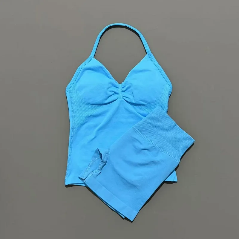 Yoga 2 Pieces Gym Set Women Backless Halter Tops High Waist Seamless Shorts Gym Suit Fitness Sports Bras Sportswear Workout Sets - Image 6