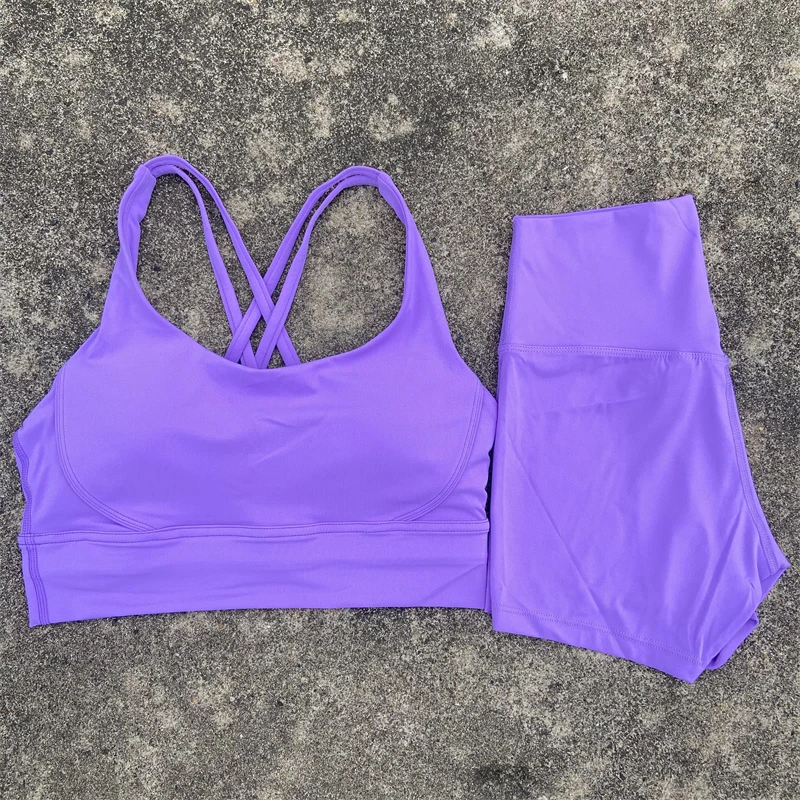 Yoga Shorts Set Gym Sports Set Women Workout Clothes 2 Piece Fitness Suit Cross Straps Bra High Waist Shorts Running Tracksuit - Image 3