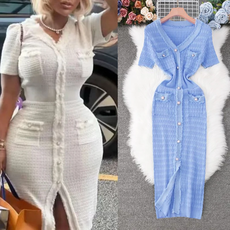 YuooMuoo 2026 New Arrival Women Knitted Long Dress Elegant V-neck Single-breasted Split Sweater Dress Office Lady Vestidos - Image 2