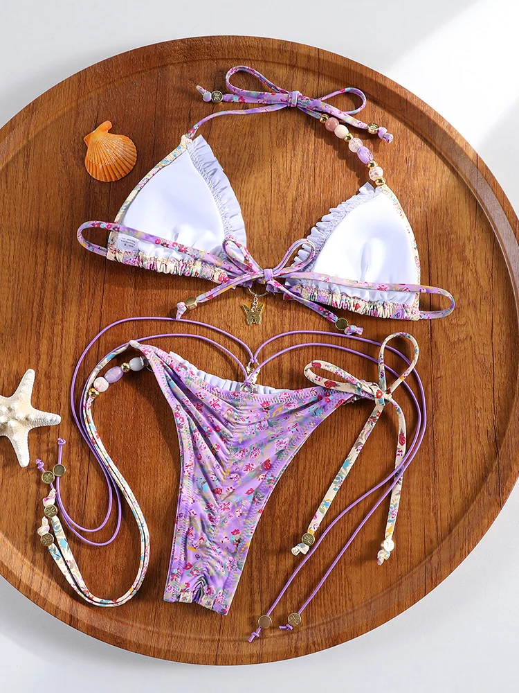 ZRTAK Pleasted Bikini Sexy Swimwear Floral Print Bikini Set Triangle Swimsuit Women Two Piece Suits Bandage Beachwear Bath Suit - Image 2