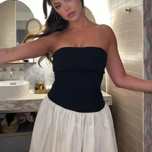 nibber Patchwork Strapless Women Dress Sexy Off Shoulder Contast Color Elastic A Line Pleated Robe Birthday Party Club Bodycon