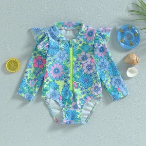 ​Infant Girls Rash Guard Swimsuit Floral Print Zipper Long Fly Sleeve Sun Protection Bathing Romper Swimwear