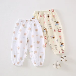 ‌100% Cotton Gauze Mosquito-Repellent Baby Pants Elastic Cuff Summer Lightweight Long Pants for Infant Toddler Boys Girls‌