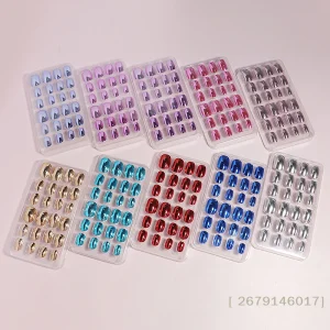 【YY26】24 Pcs Mirror Chrome Kids Nails Press On Metallic False Nail Art Tips Pre-glue Short Oval Full Cover Fake Nails
