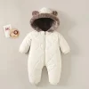 0-3 years baby onesies autumn and winter fleece warm cotton clothes newborn clothes Baby solid color hooded crawling suit Baby
