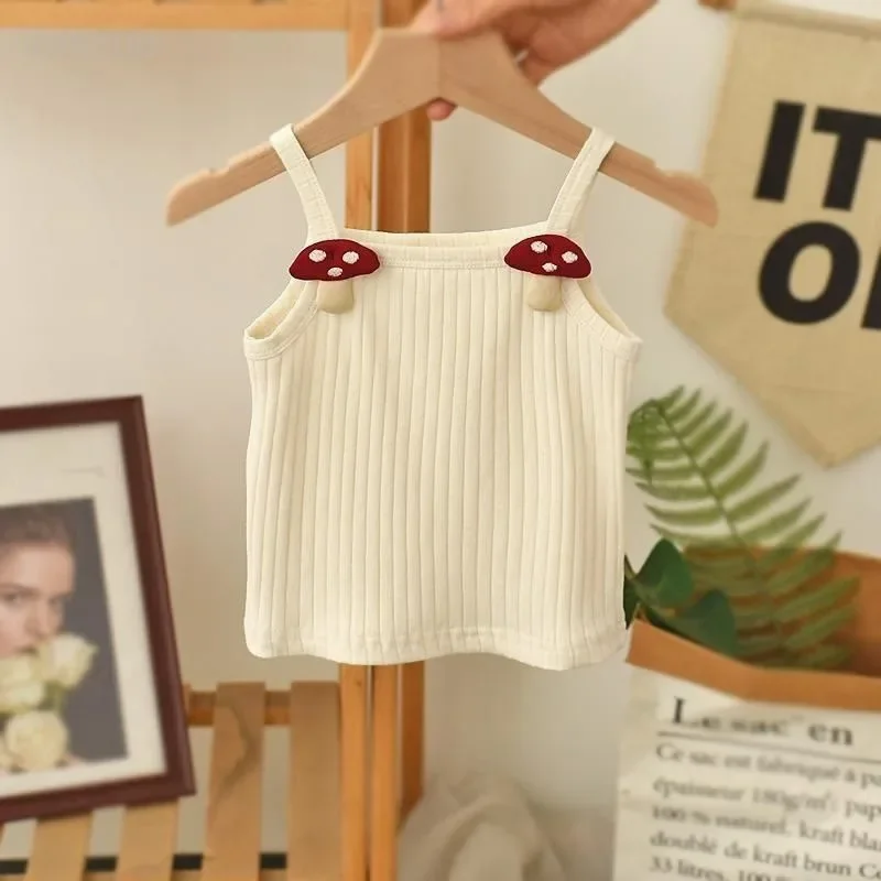 1-8Y Children's Knitted Sling Top Sleeveless Short T-Shirts 2025 Summer Thin Base Suspenders Girls Baby Rabbit Mushroom Tops - Image 2