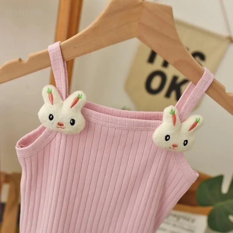 1-8Y Children's Knitted Sling Top Sleeveless Short T-Shirts 2025 Summer Thin Base Suspenders Girls Baby Rabbit Mushroom Tops - Image 5