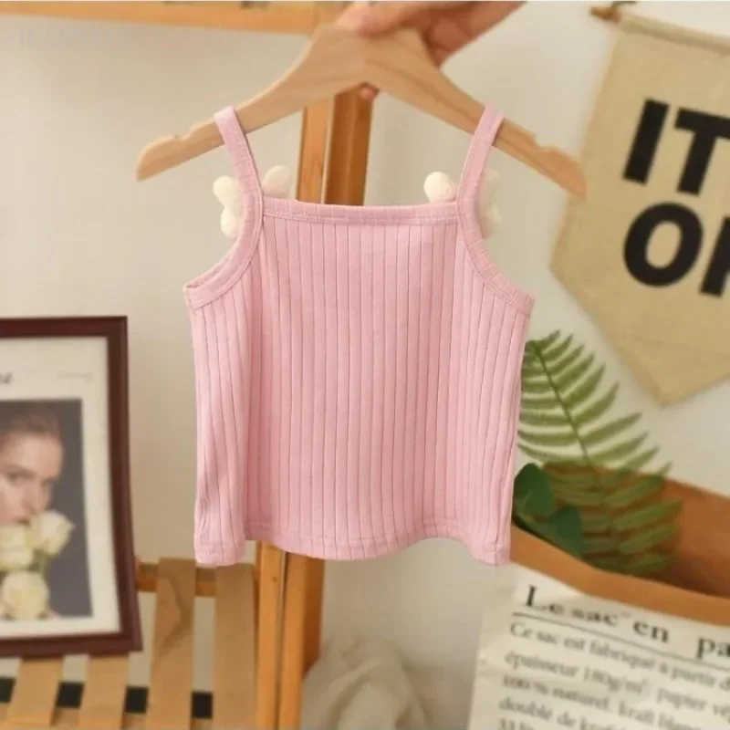 1-8Y Children's Knitted Sling Top Sleeveless Short T-Shirts 2025 Summer Thin Base Suspenders Girls Baby Rabbit Mushroom Tops - Image 3