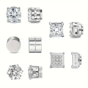 1 Pairs Magnetic Stainless Steel Earring Studs Set - Hip Hop Street Style Synthetic Zircon Non-Piercing Clip-On Earrings Jewelry