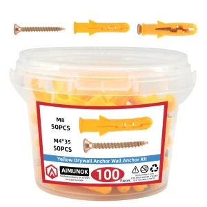 100pcs Drywall Anchor & Screws Kit, 50-Pack Wall Anchors 1/4 x 1-1/2Inch with Screws, Blue, Plastic Anchor for Drywall/Concrete,